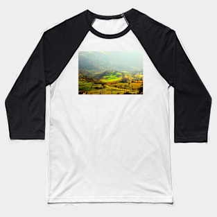 Hilly landscape partly covered with fog on a sunny day Baseball T-Shirt